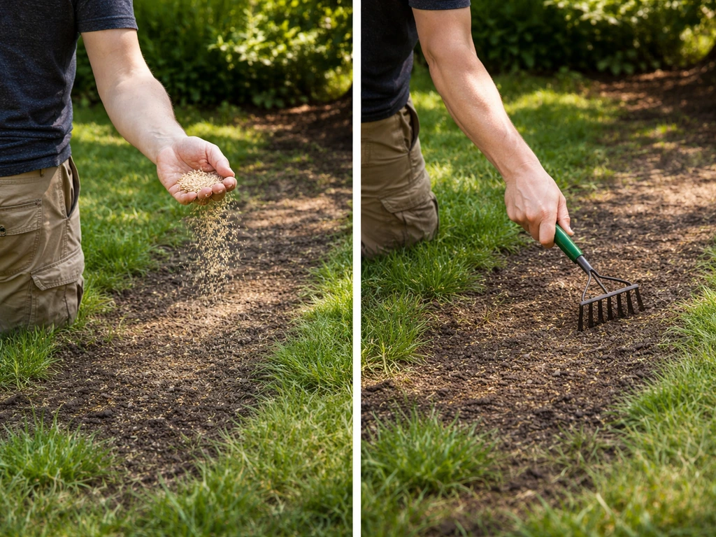 Main éparpillant des graines de gazon sur une pelouse ombragée, avec un léger griffage visible