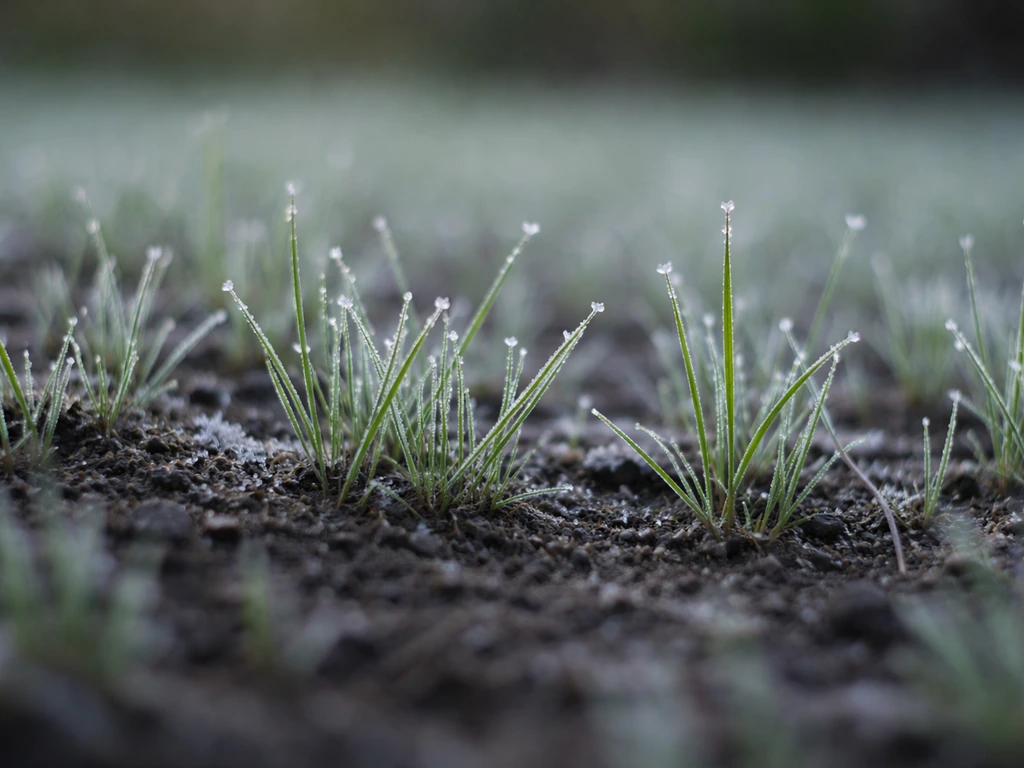 Jeunes brins de gazon avec givre, sol humide visible, montrant la vulnérabilité après une gelée.
