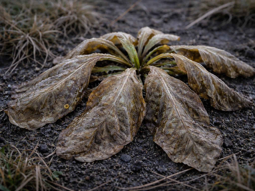 Feuilles de plante molles, translucides après gel, brunissement uniforme sur une plaque au sol