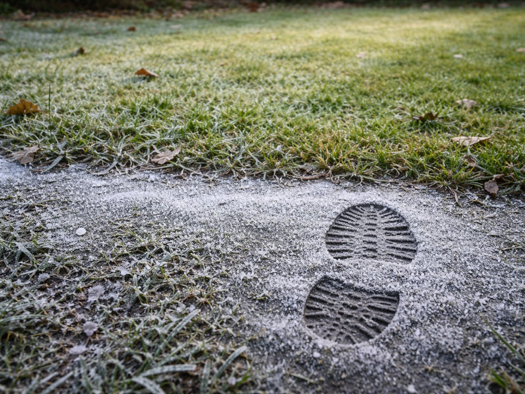 Pelouse après une gelée, sol vitrifié et zone dégelée où l’on attend avant de marcher.