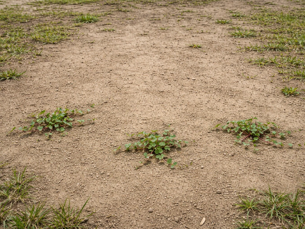 Deux petites taches de liseron sur sol quasi indemne, contraste net avec de la végétation clairsemée.