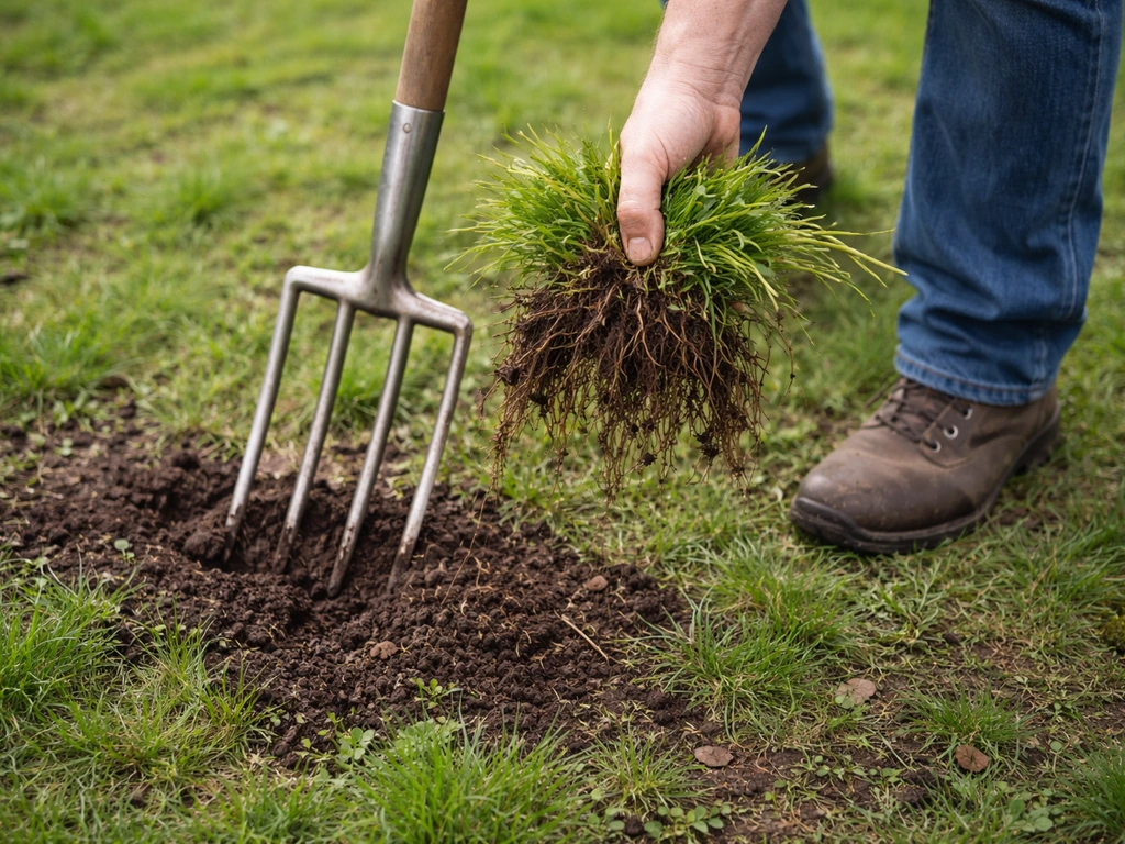 Main et fourche-bêche retirant une touffe de mauvaises herbes avec racines sur un sol de jardin