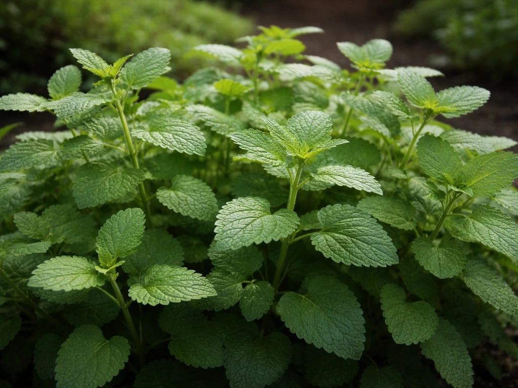 Feuilles vertes d’une mélisse officinale en buisson, gros plan dans un jardin, fond flou et naturel