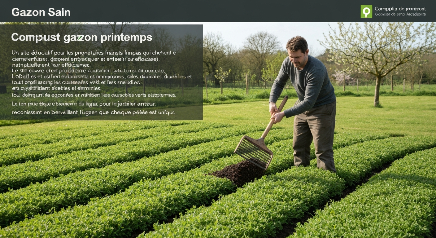 Jardin français au printemps : personne de dos répartissant du compost tamisé sur une pelouse verte avec un râteau et une brouette.