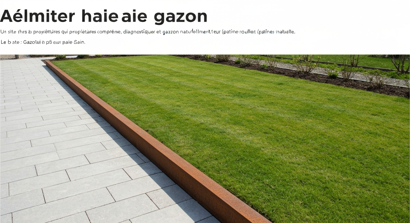 Jardin français au printemps : haie taillée séparée d'une pelouse verte par une bordure en acier corten partiellement enterrée, rendu net et moderne.