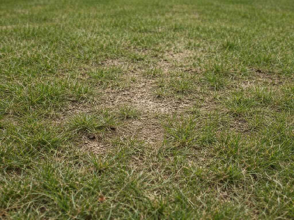 Pelouse vue de près avec zones clairsemées, brins fins et petits trous à repérer