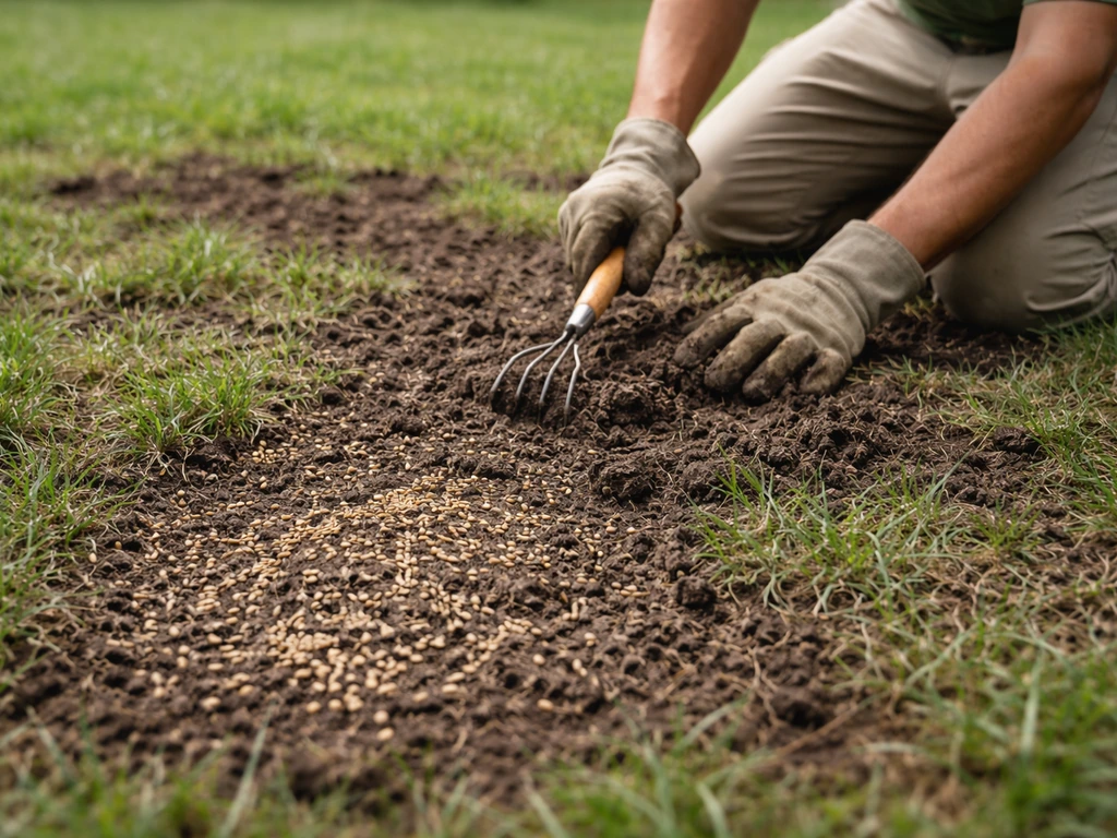 Jardinier agenouillé sur une pelouse clairsemée, râteau à la main, graines visibles au premier plan.