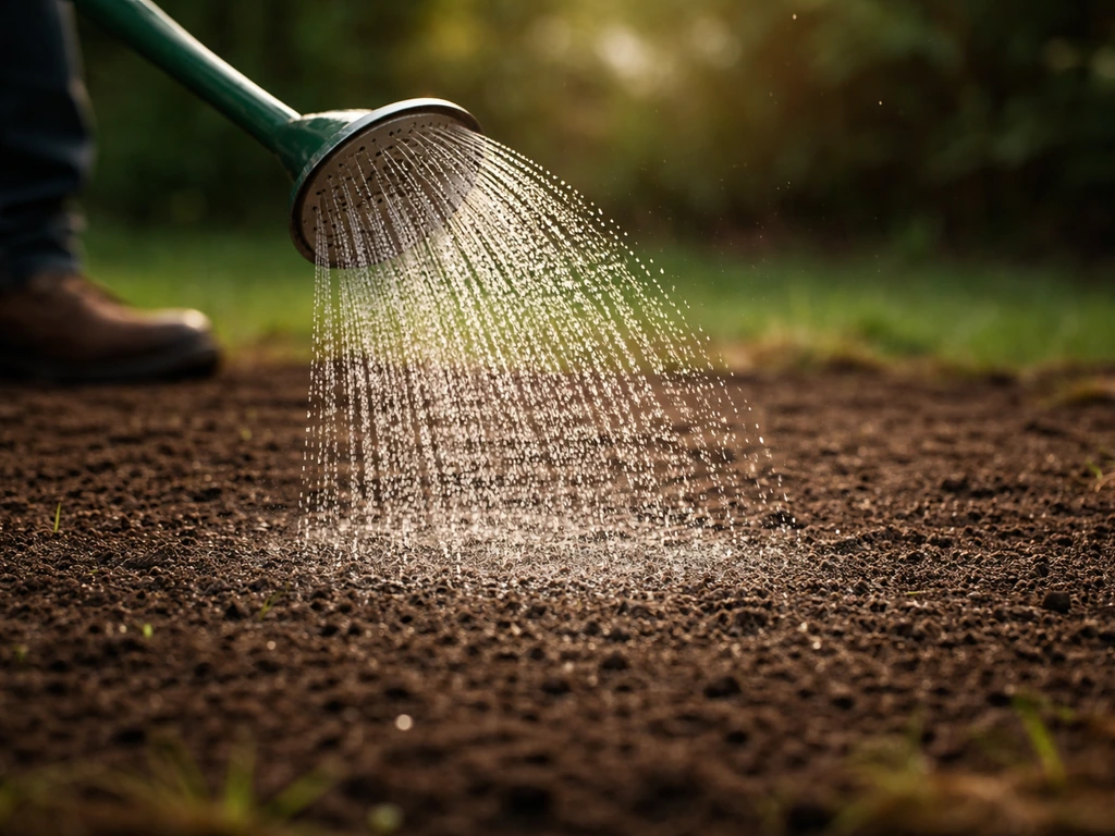 Arrosage fin au pulvérisateur sur une zone regarnie, sol humide sans ruissellement, graines en levée.