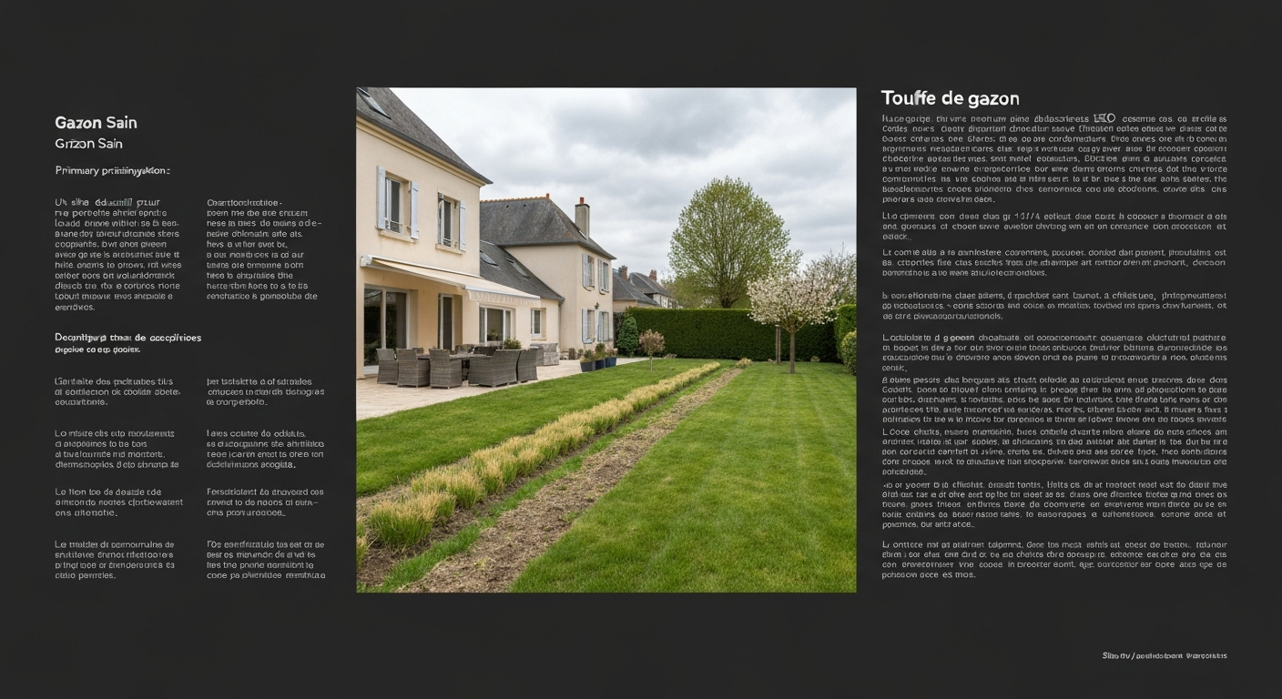 Pelouse de jardin en France au printemps montrant des touffes d'herbe plus hautes et plus foncées que le reste du gazon, vue en plongée, maison floue à l'arrière-plan.
