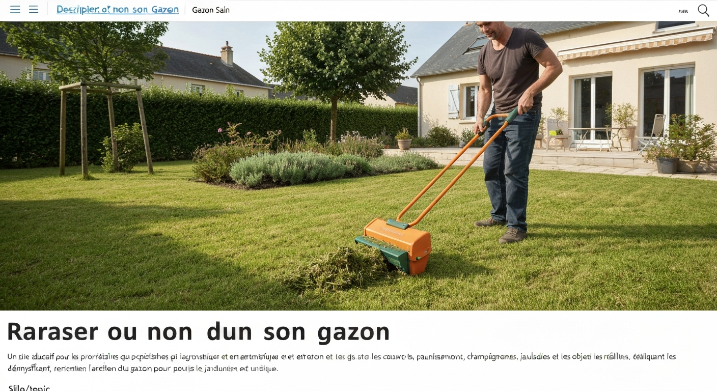 Personne tondant une pelouse avec une tondeuse mulching dans un jardin résidentiel français ; petits confettis d'herbe retombant sur la pelouse.