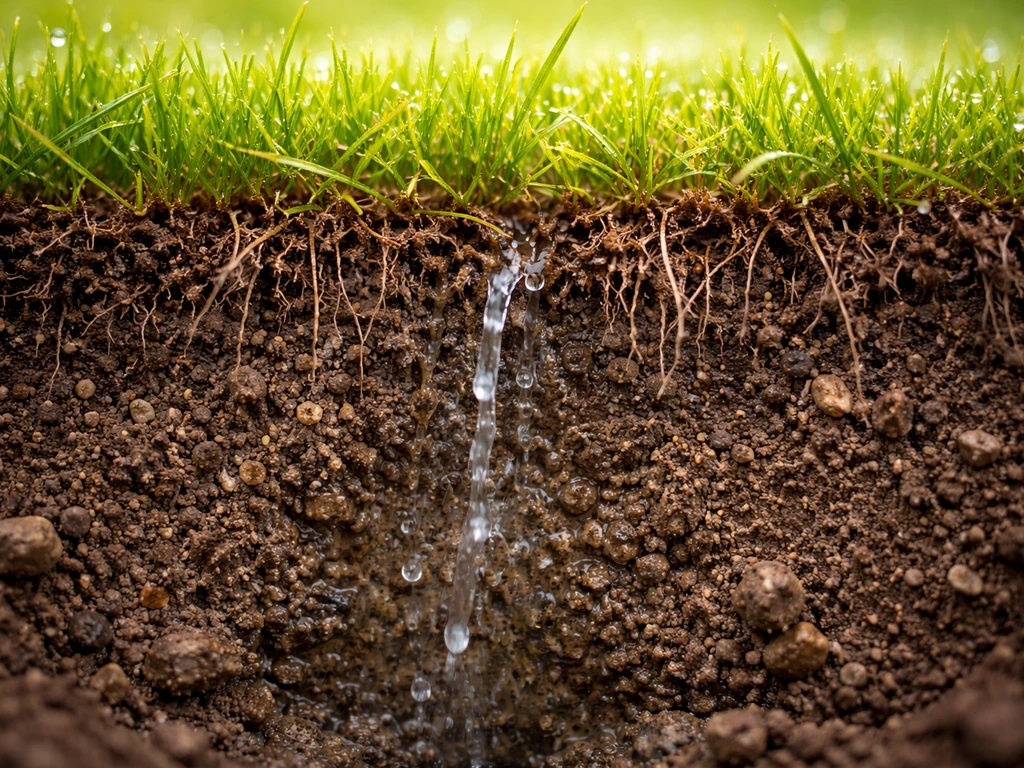 Gros plan d’un profil de terre de pelouse aérée, avec infiltration d’eau illustrant le drainage.