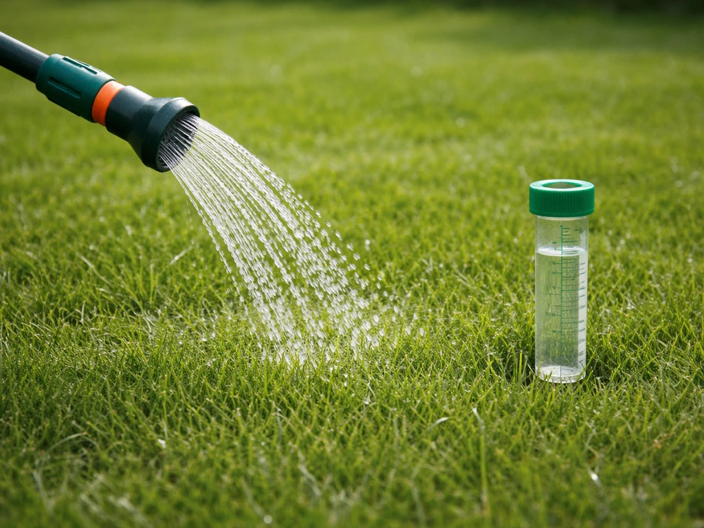 Pelouse arrosée avec un petit pluviomètre de jardin posé au sol pour illustrer une dose d’eau mesurée.