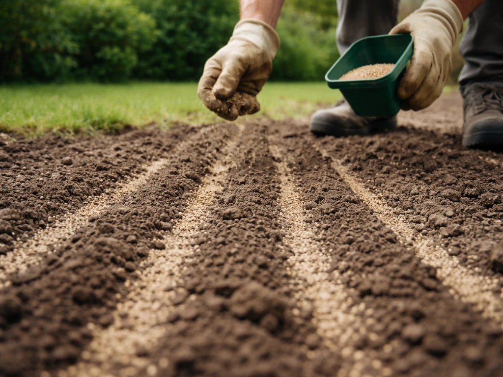 Semis de gazon en lignes régulières sur une pelouse, graines déposées au contact du sol