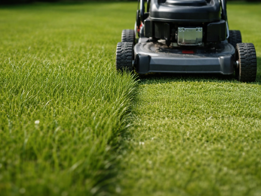 Tondeuse en action sur une pelouse, brin d’herbe à hauteur modérée, coupe sans scalper.