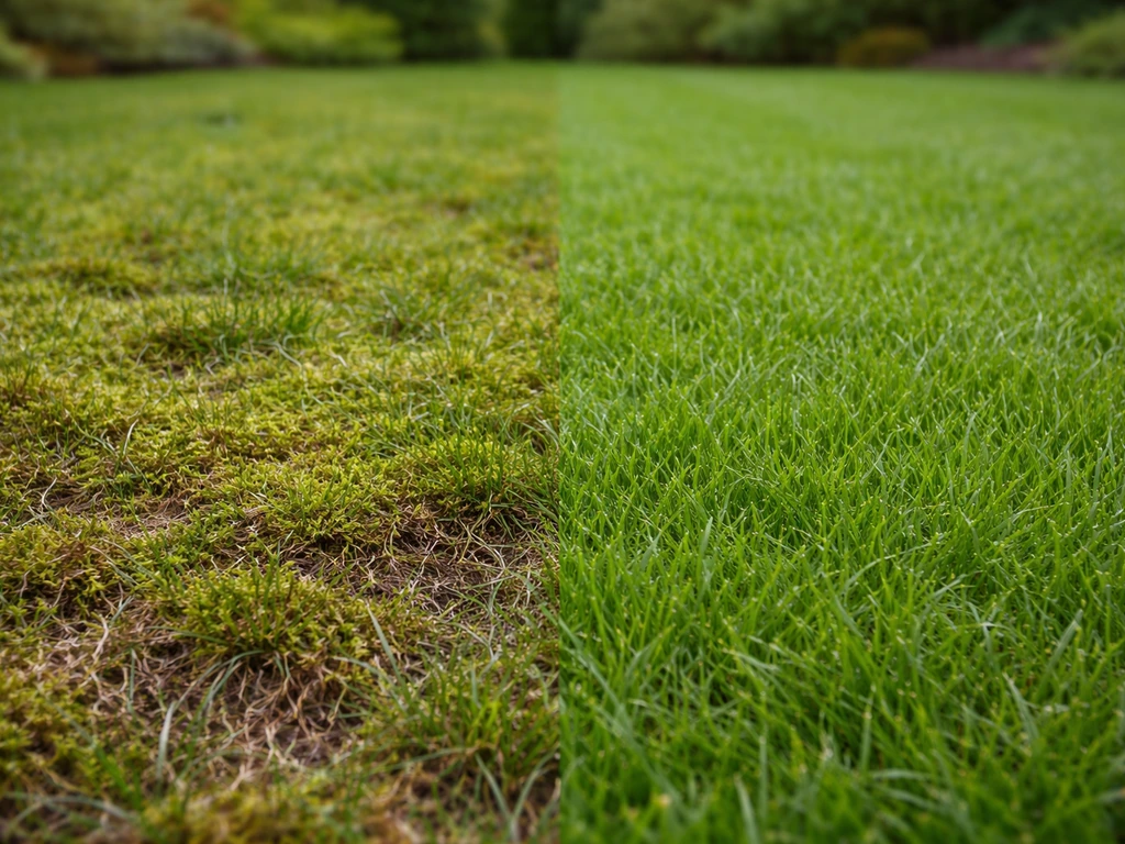 Comparatif de pelouse : mousse verte dense à gauche et gazon plus sain à droite, dans un jardin.