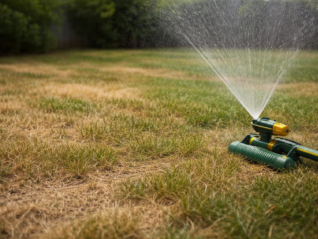 Gazon partiellement jauni et sec près d’un arroseur, sol visible, éclairage naturel en été.