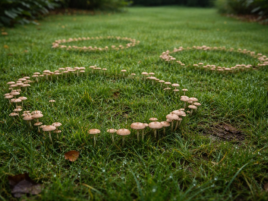 Petites auréoles de champignons sur une pelouse humide, formant des ronds visibles dans l’herbe.
