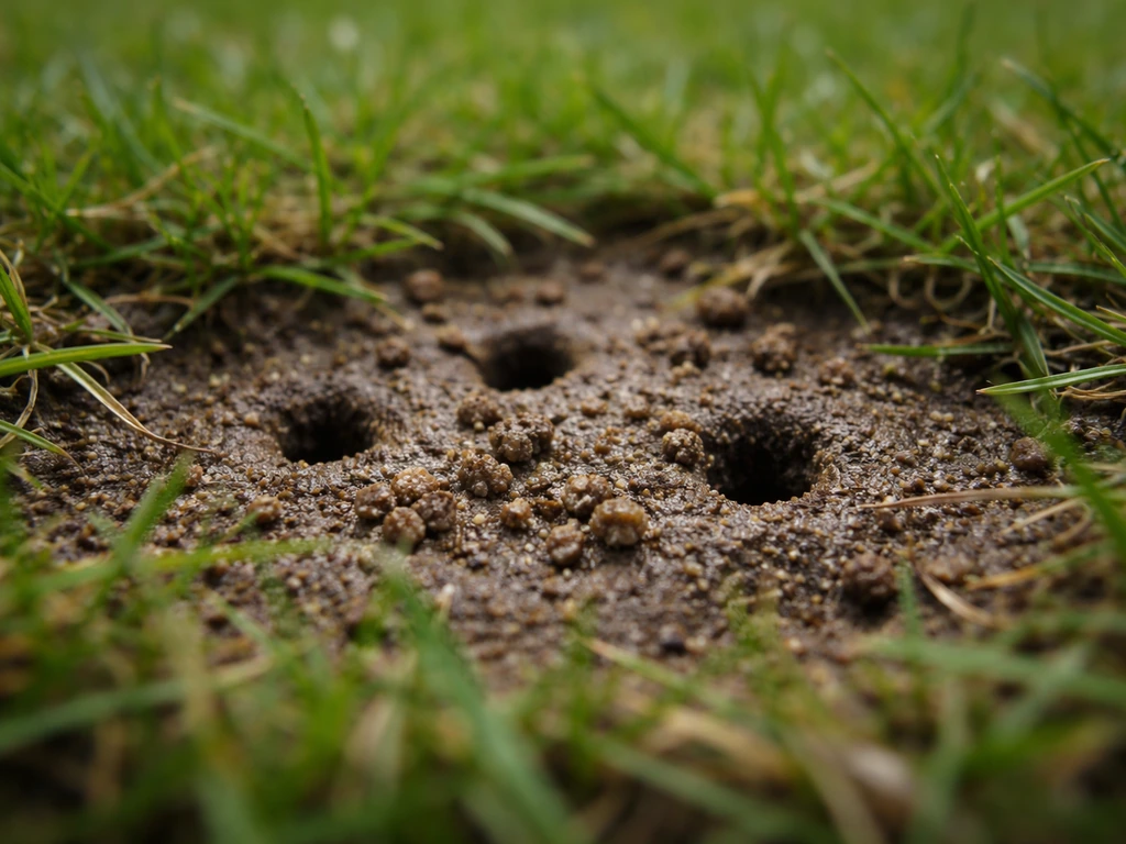 Gros plan au ras du sol : petits trous et petites boules de terre dans une pelouse humide.