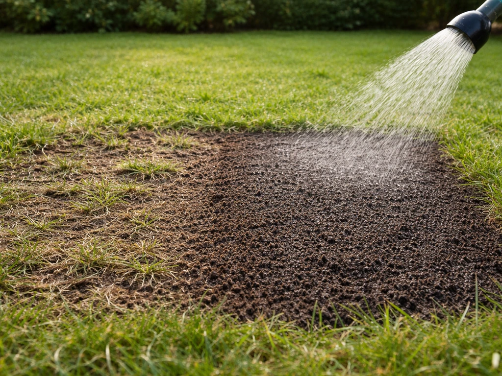 Pelouse abîmée en cours de réparation : scarification légère, terreau fin, puis arrosage immédiat, effet avant/après pro