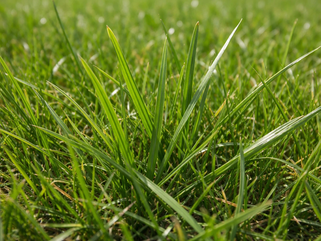 Gros plan de brins de pelouse, montrant texture et brillance pour aider à reconnaître l’ivraie