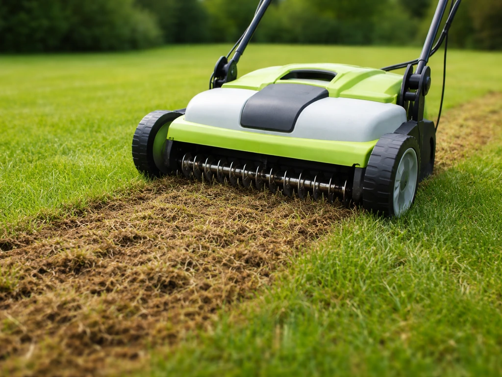 Scarificateur électrique sur une pelouse existante, feutre retiré, surface aérée avant sursemis.