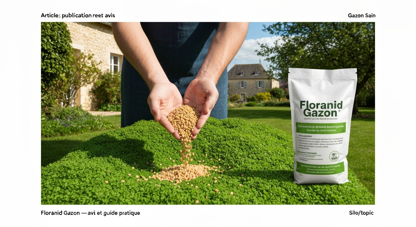 Pelouse verte, main épandant granulés et sac de produit étiqueté Floranid Gazon