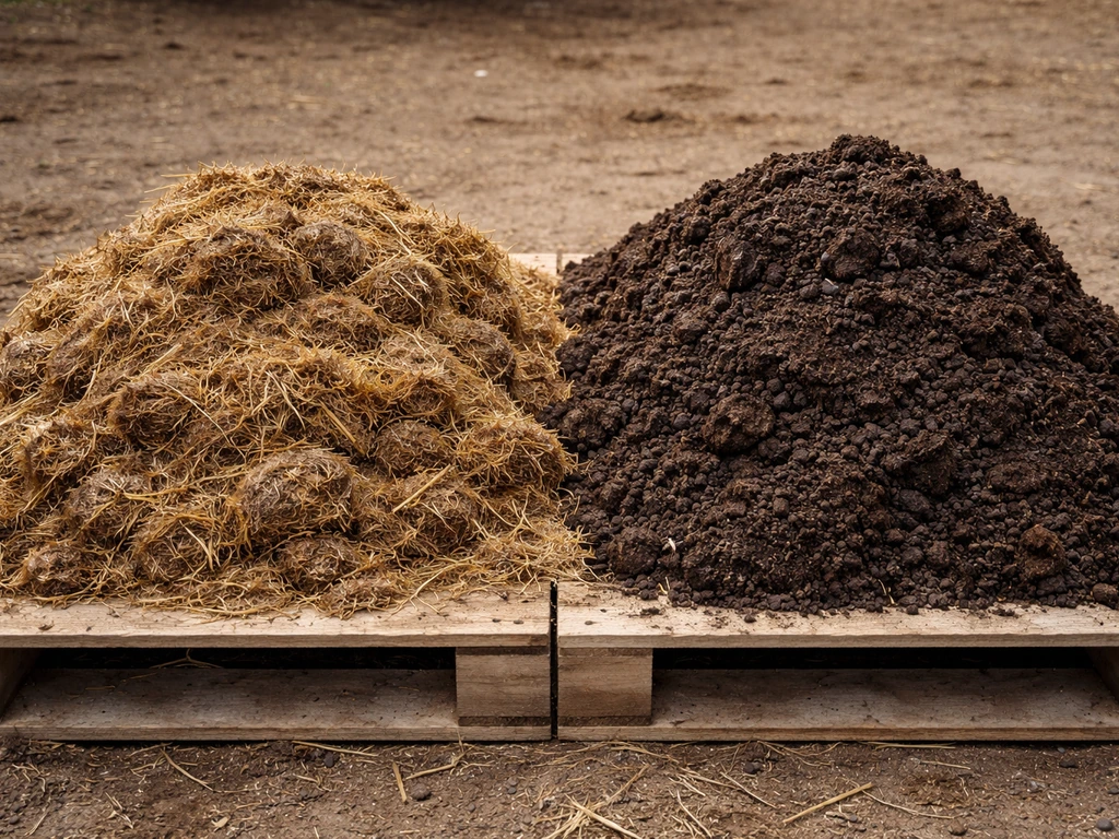 Deux tas côte à côte : fumier de cheval frais pailleux à gauche, fumier composté sombre et homogène à droite.
