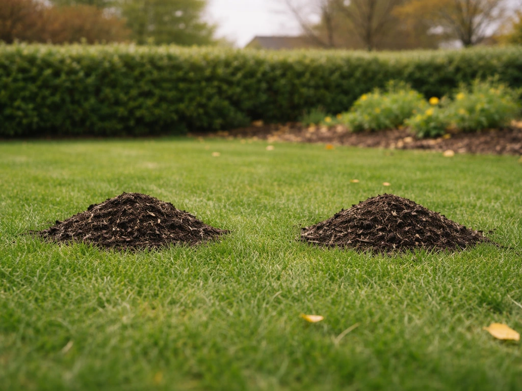 Pelouse verte avec deux tas discrets de fumier composté, indices d’automne et de printemps en arrière-plan.