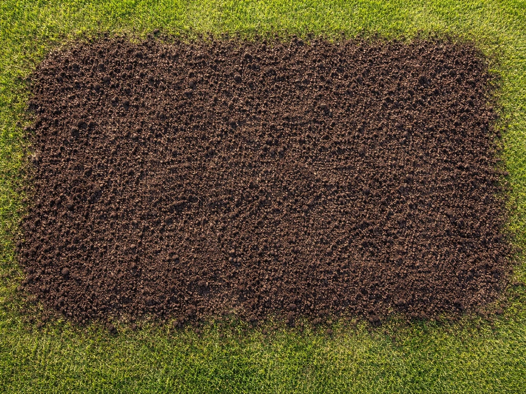 Vue de dessus d’une couche uniforme de fumier composté épandue sur une pelouse, après tonte courte.