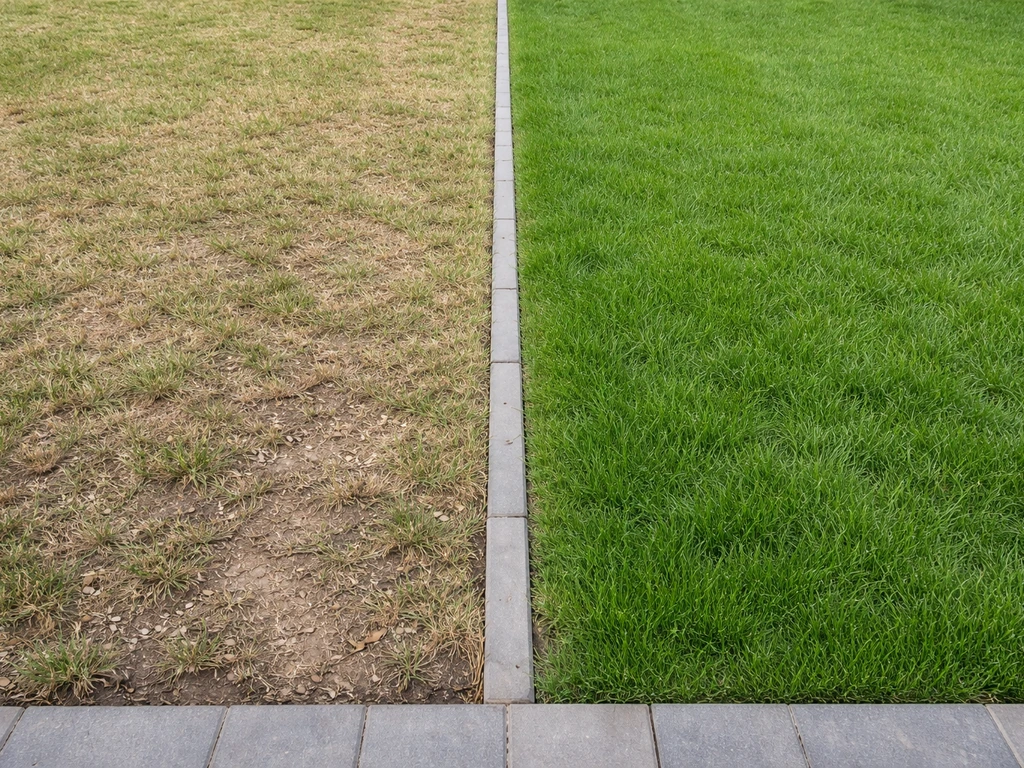 Pelouse divisée en deux zones : à gauche ternie et sol compacté, à droite verte et sol aéré.
