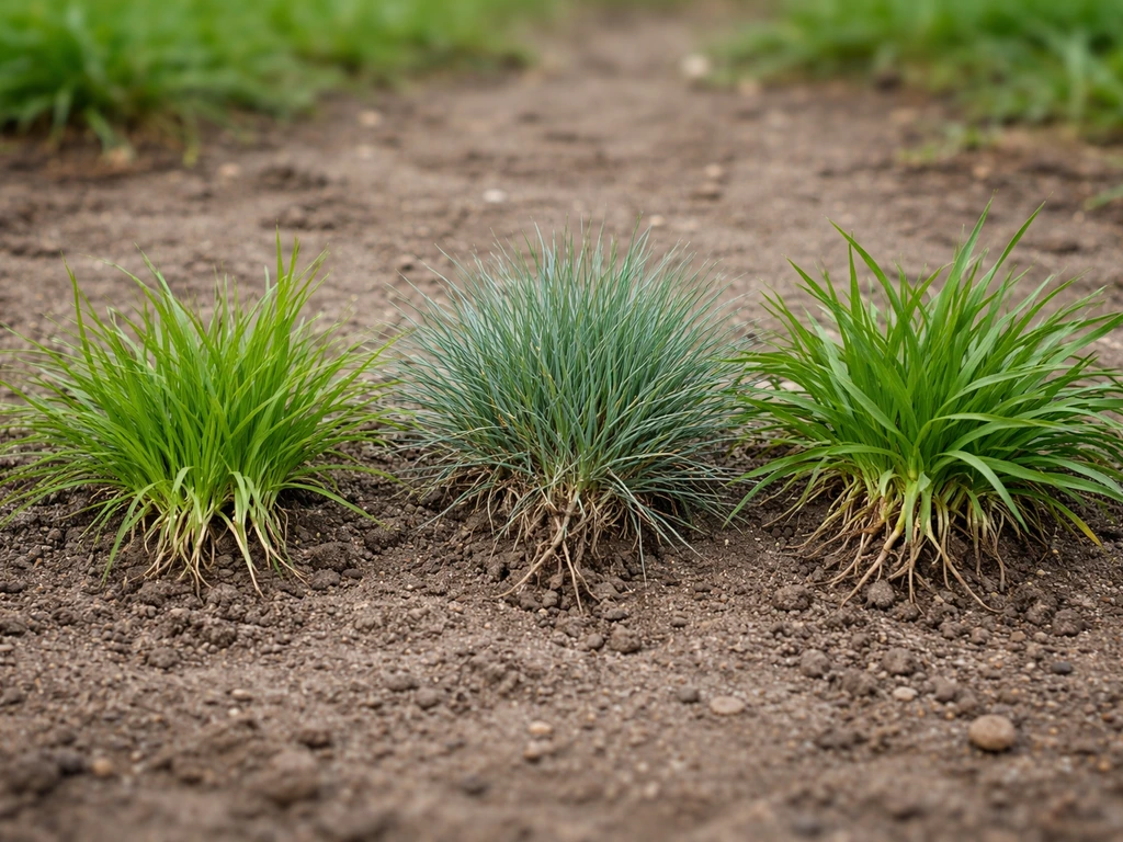 Gros plan sur ray-grass, fétuque et pâturin, textures et différences visibles sur un sol de jardin.