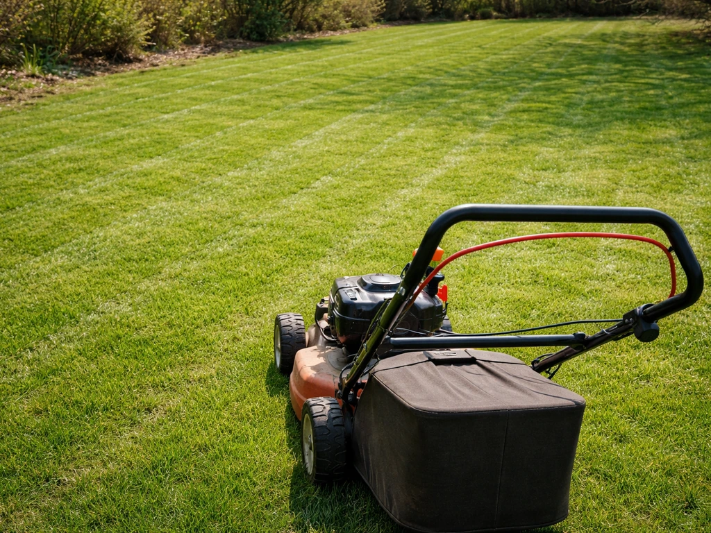 Pelouse de printemps fraîchement tondue avec une tondeuse réglée sur une hauteur d’environ 5–6 cm.