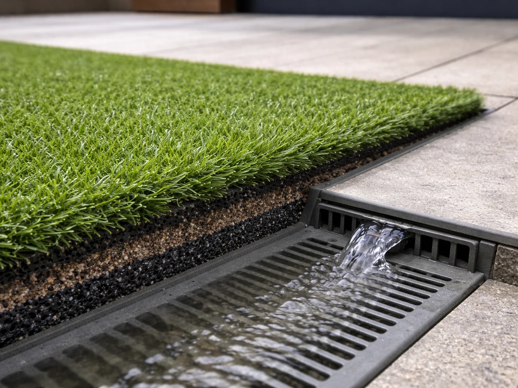 Gazon synthétique pour terrasse, brins courts, vue sur l’écoulement et la sous-couche drainante.
