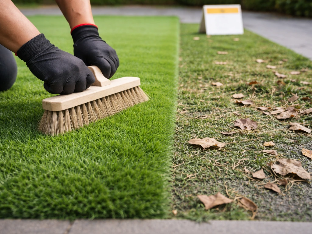 Gazon synthétique : une zone brossée propre à côté d’une zone négligée avec feuilles et débris.