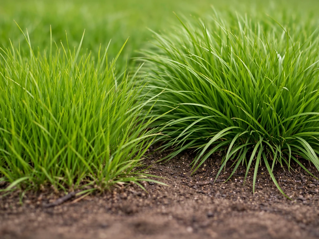 Gros plan de plusieurs brins de graminées de gazon côte à côte, ray-grass et fétuque, texture naturelle.