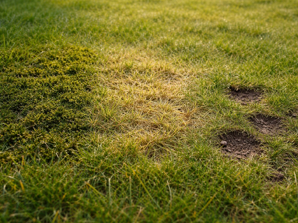 Gazon avec mousse envahissante, zones jaunies et petits trous, vue rapprochée, lumière naturelle.