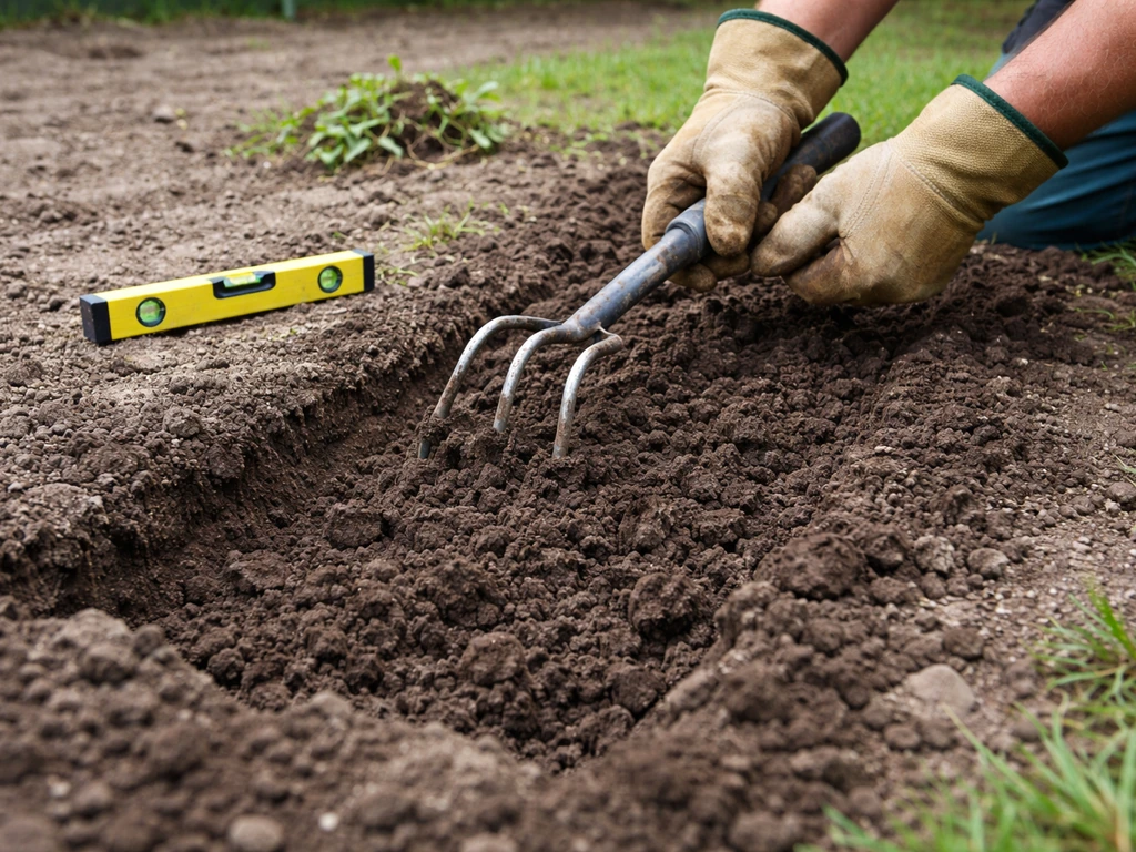 Un jardinier remue la terre avec une bêche/greffoir sur 15–20 cm et vérifie le niveau avec un niveau à bulle.