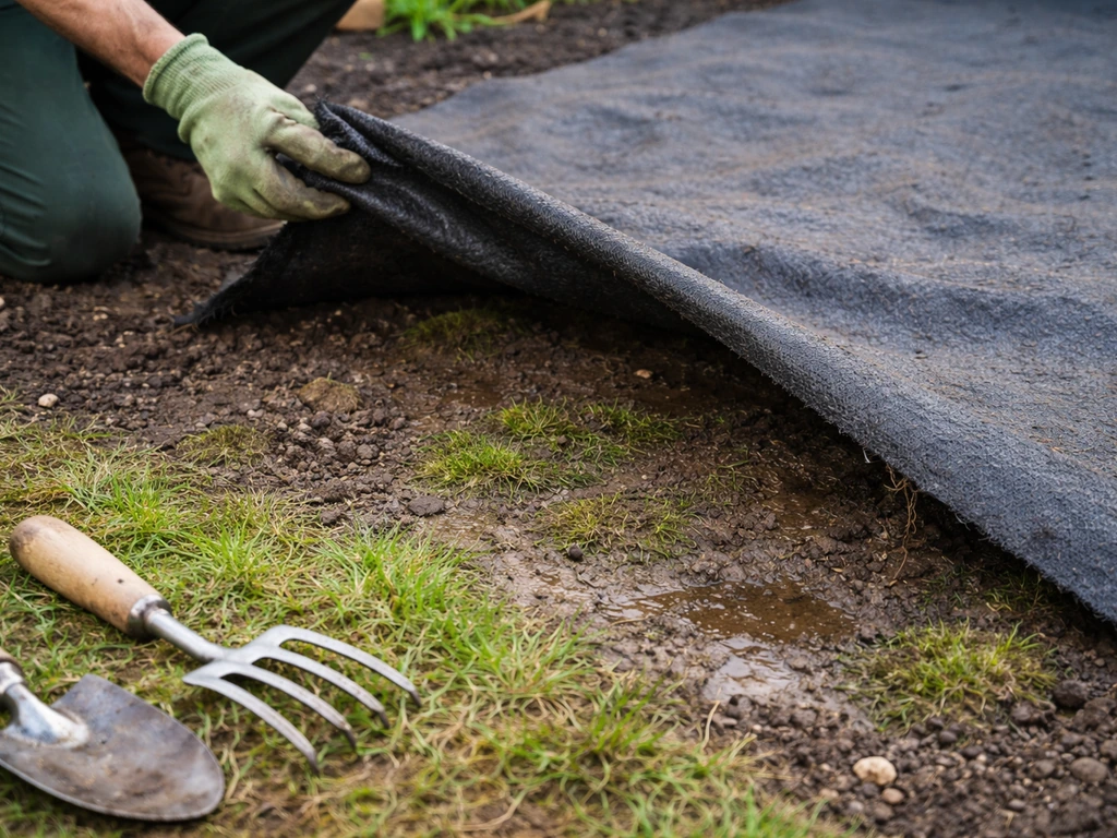 Pelouse clairsemée et mousses, feutre de drainage soulevé près du sol, outil de jardin au premier plan.