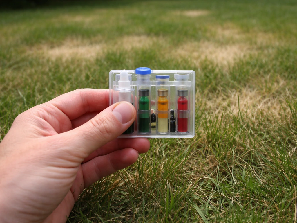 Main tenant un petit kit de test de sol, pelouse avec zones jaunies en arrière-plan flou.