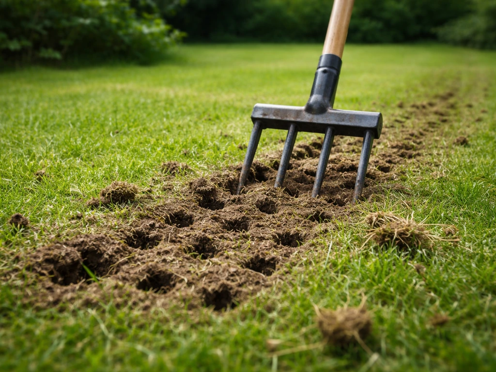 Pelouse en cours d’aération : aérateur à fourches enfoncé, petits trous et terre retournée.