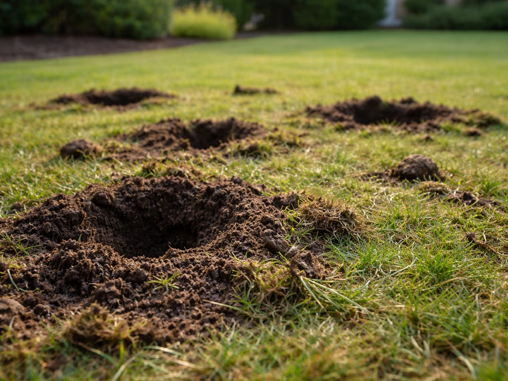 Trous dans un gazon retourné avec brins arrachés, vue rapprochée et jardin en arrière-plan flou.