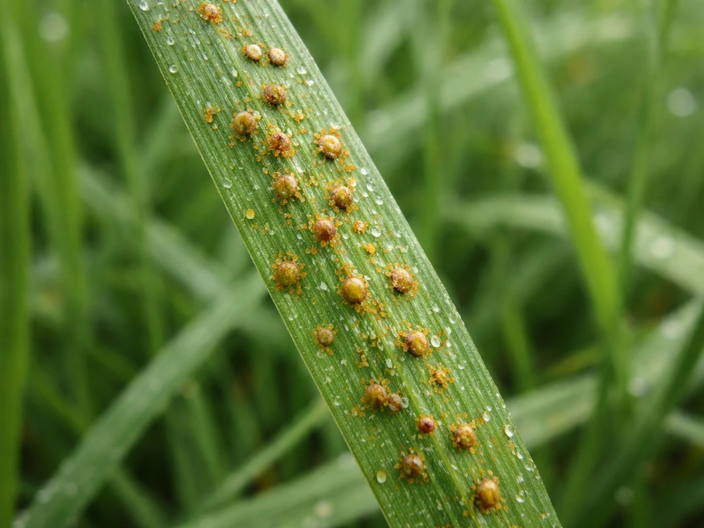 Gros plan de feuilles de gazon avec pustules rousses de rouille, zones brunies typiques.