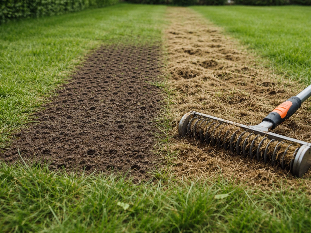 Pelouse en bande montrant l’aération et la scarification, feutre soulevé et sol perforé, outils au ras du gazon.