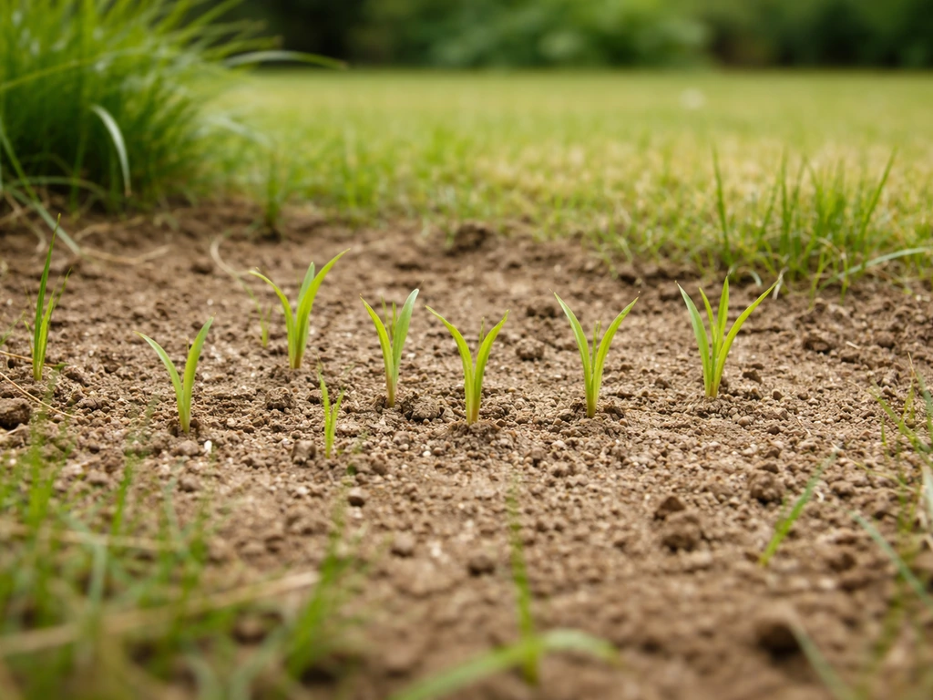 Jeunes plantules de millet sortant dans une zone de pelouse clairsemée, vue au ras du sol.