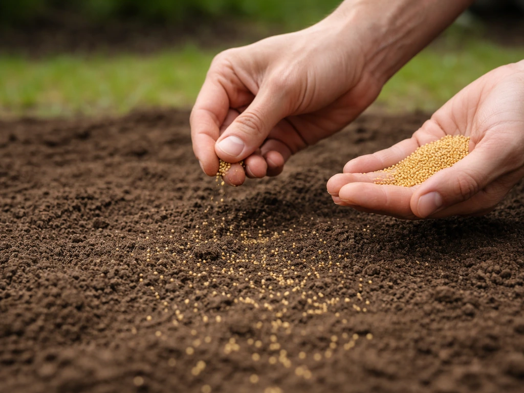 Graines de millet épandues à la main sur un sol nu préparé, contact sol-graines visible dans un jardin.