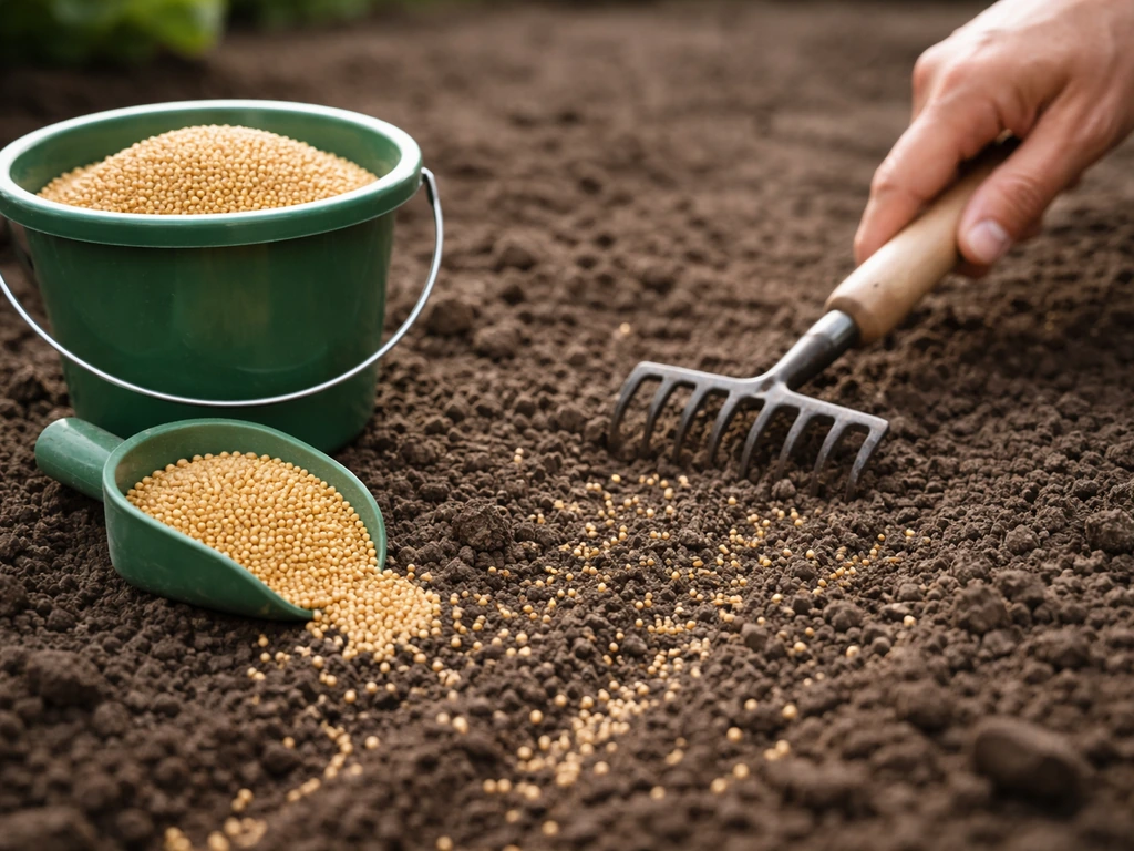 Gros plan sur un petit seau de graines de millet, une poignée à la volée, puis ratissage léger du sol