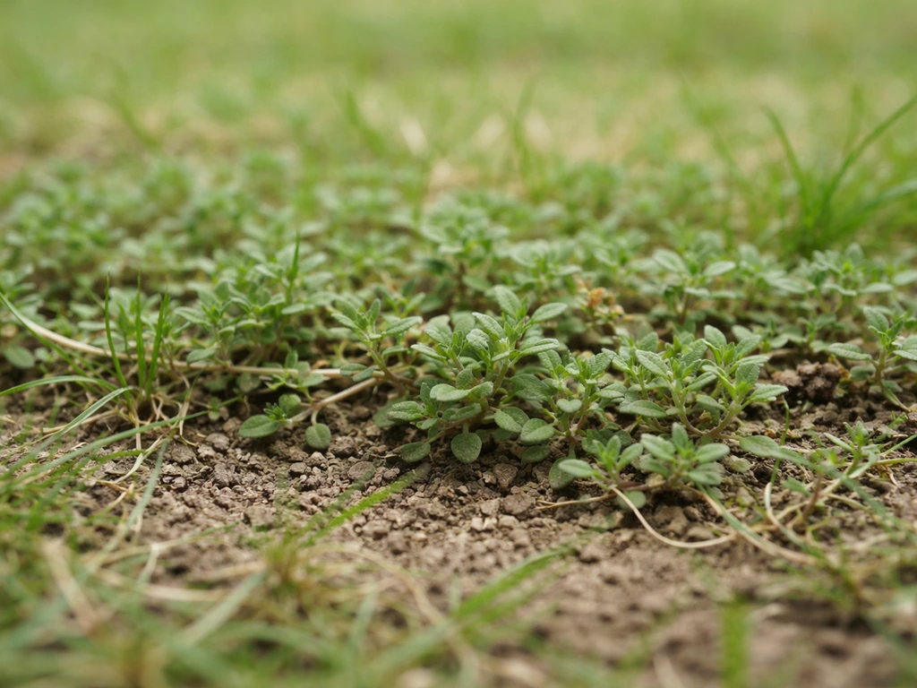 Gros plan sur des feuilles et tiges rampantes du serpolet dans un gazon, sol et brins d’herbe visibles