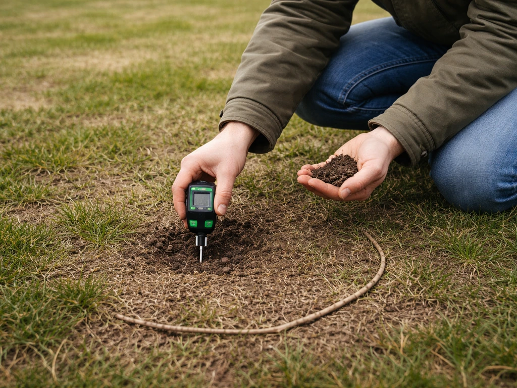 Main anonyme testant le sol d’une pelouse (pH/compaction) près d’une zone sèche à observer