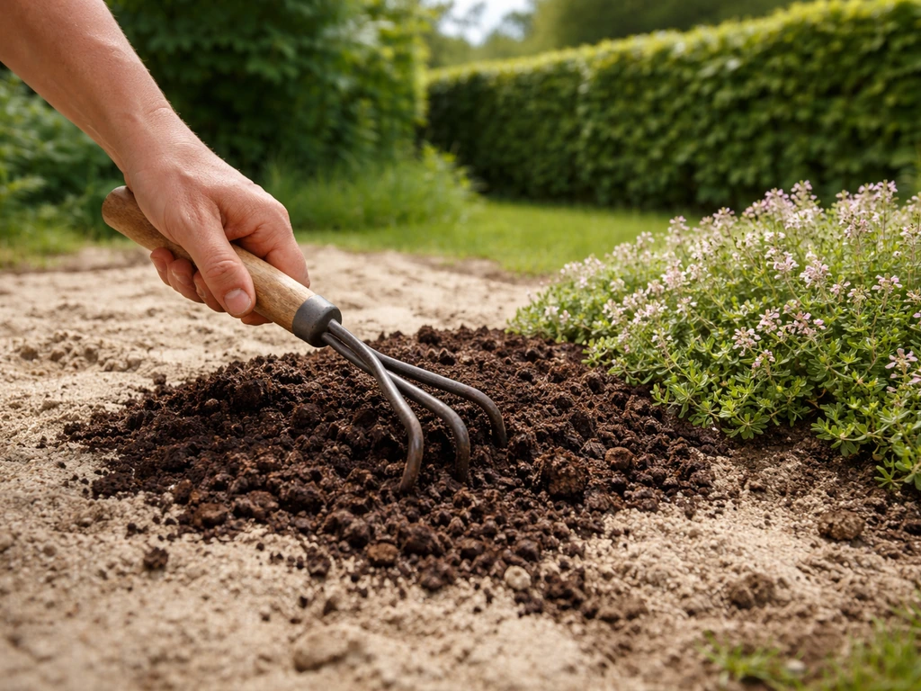 Jardinier travaillant un sol sableux avec compost bien décomposé près d’un tapis de serpolet, lumière naturelle.