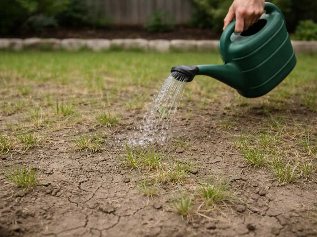 Jeunes pousses de gazon jaunissantes avec sol sec, arrosage trop faible avec un arrosoir près du semis